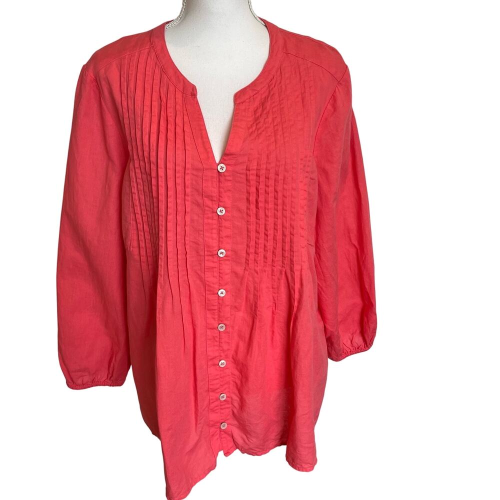 Chico's Blouse Top Shirt Pintucked Sz 3 XL 16/18 Pink Salmon Linen Blend Pleats